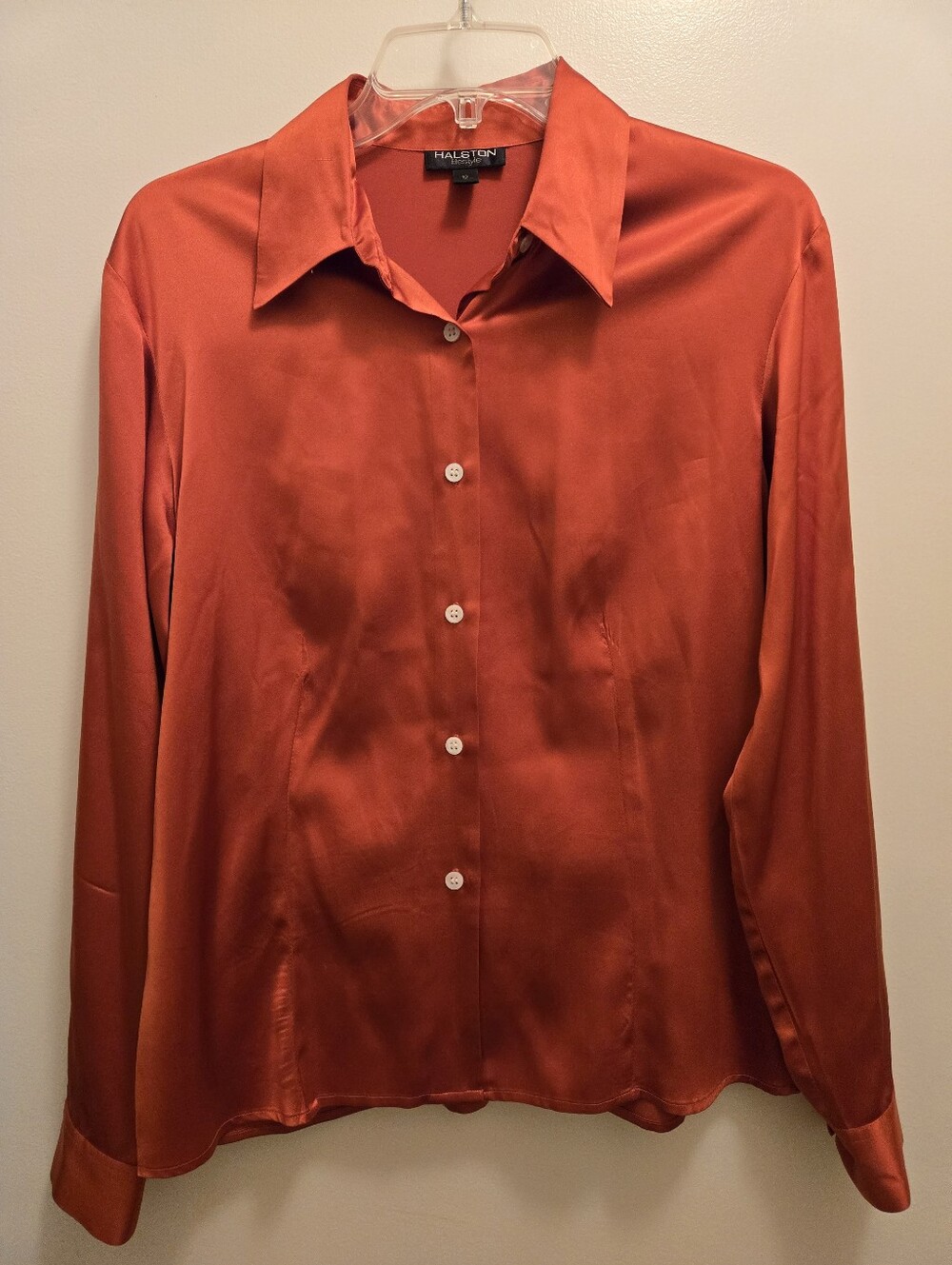 Halston Heritage Men's Satin Button-Up Shirt in Rust Orange